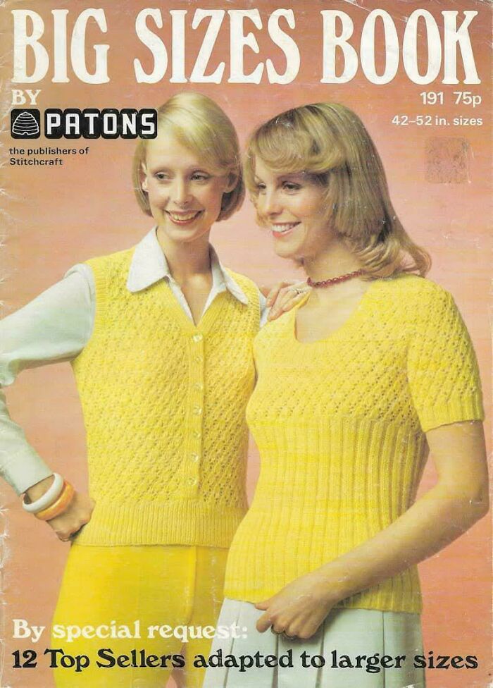 Two women modeling yellow knit tops on the cover of a vintage "Big Sizes" knitting book, 1970s fashion.