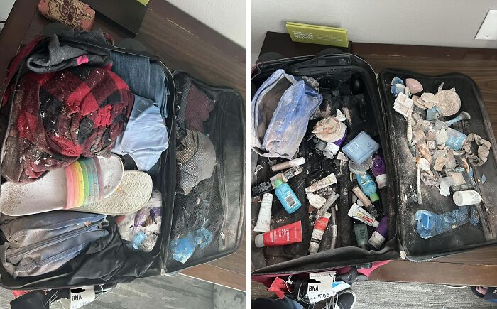 Airline baggage fail with a suitcase containing spilled toiletries and disorganized clothing, creating a messy scene.