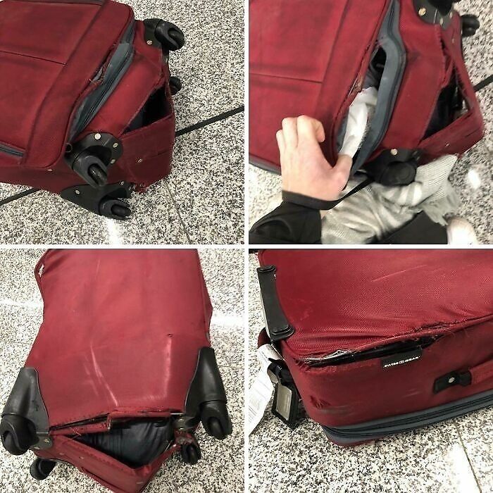 Damaged red suitcase with broken wheels and torn fabric on an airport floor, illustrating an airline baggage fail.