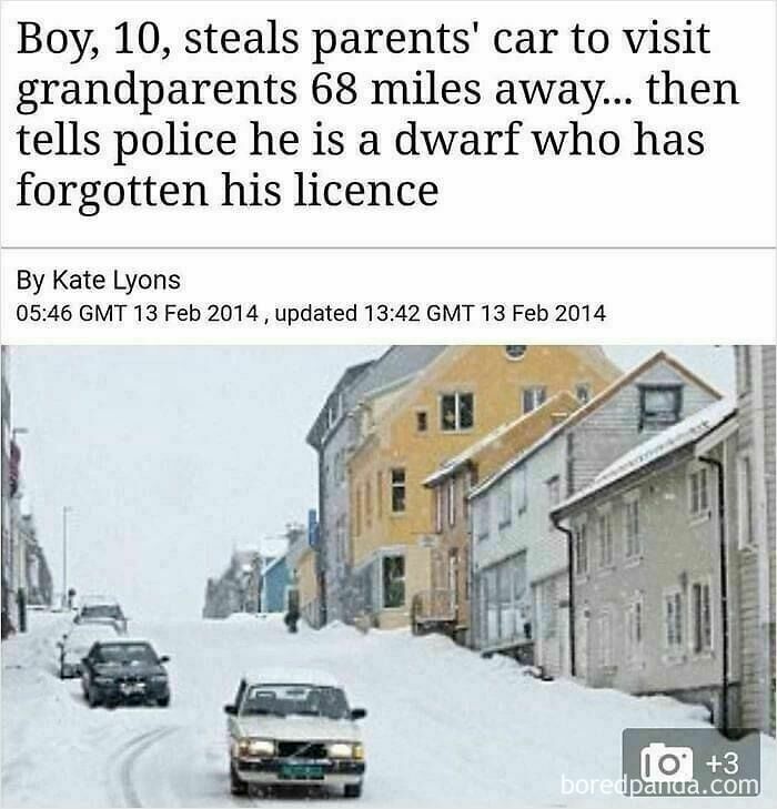 Child drives car in snowy street, cleverly evades police by pretending to be an adult.