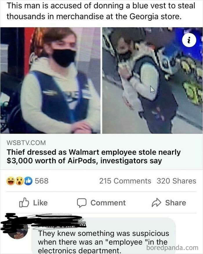 Thief in a blue vest cheats system, posing as Walmart employee to steal $3,000 in AirPods.