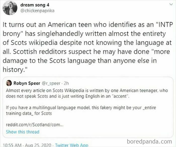 Tweet highlighting an American teen's impact on Scots Wikipedia by writing in English, suspected of cheating the system.