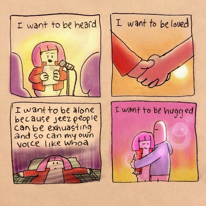 Comic panels by Josh Engel showing a character expressing desires to be heard, loved, alone, and hugged in everyday life.