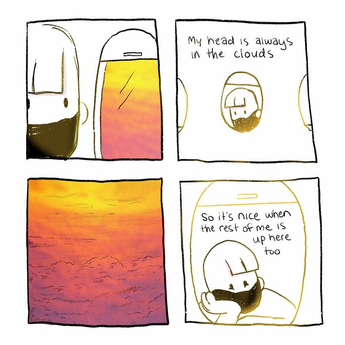 Comic panels by Josh Engel showing a character looking out an airplane window with clouds and sunset skies.