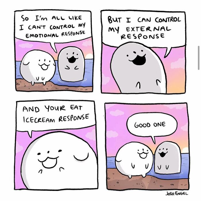 Comic by Josh Engel featuring simple characters humorously exploring emotional and external responses in everyday situations.