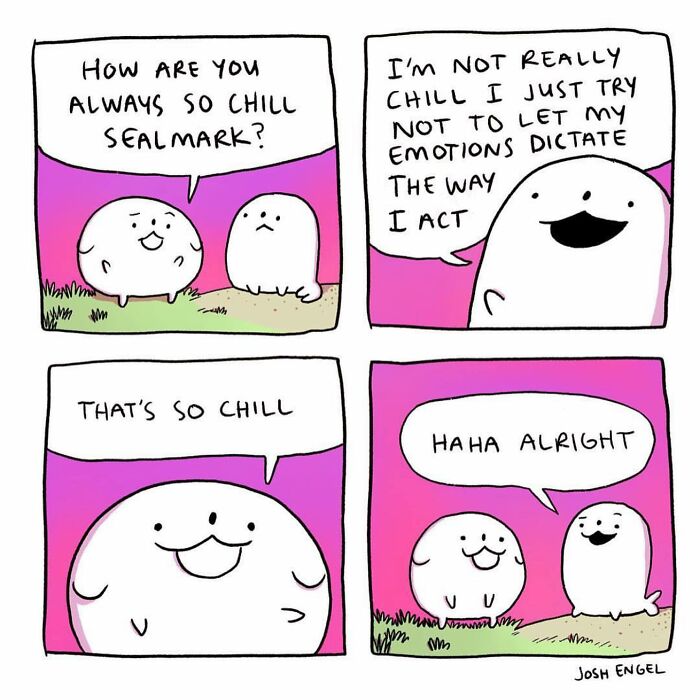 Absurd comics by Josh Engel depicting everyday thoughts through humorous cartoon characters in a colorful outdoor setting.