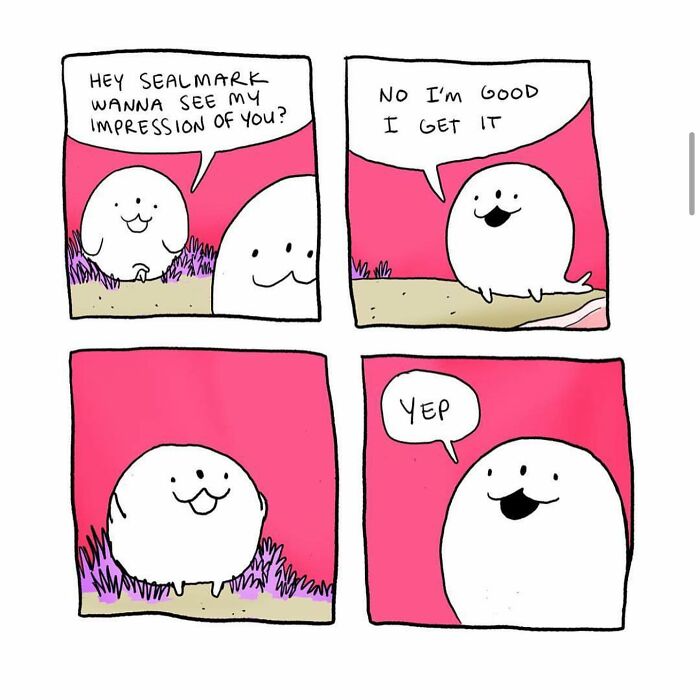 Comic panels featuring cute characters in an absurd situation, illustrating everyday thoughts in comics by Josh Engel.