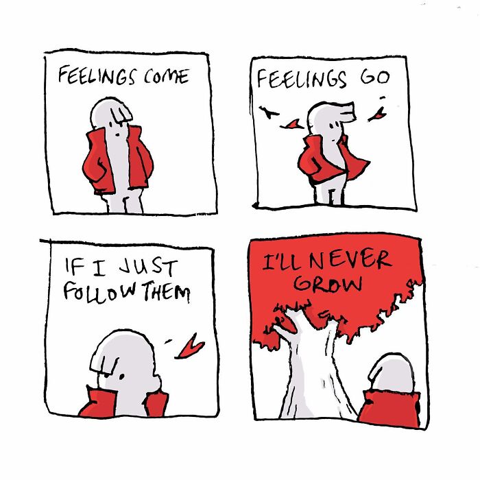 Comic from 62 comics showing a character reflecting on feelings and growth in an absurd everyday situation.