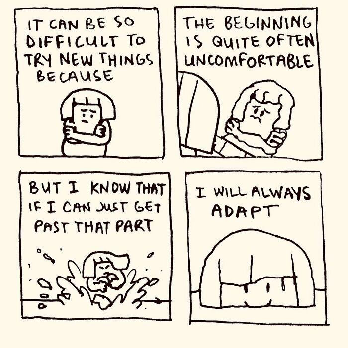 Comic panels by Josh Engel showing a character reflecting on adapting to new challenges in everyday absurd situations.