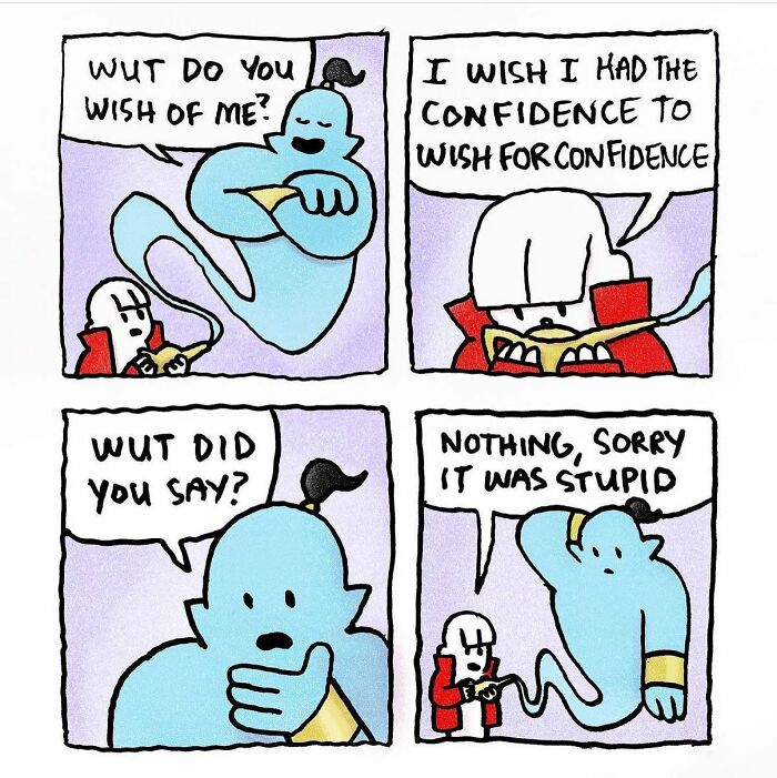 Comic strip showing a genie and person, turning everyday thoughts about confidence into an absurd situation.