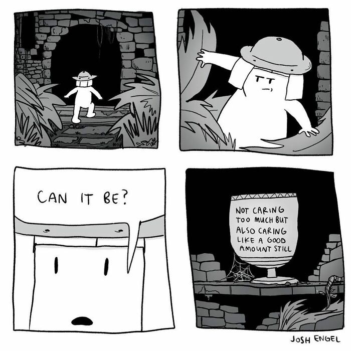 Black and white comic panels by Josh Engel depicting a character exploring absurd everyday thoughts in a humorous style.