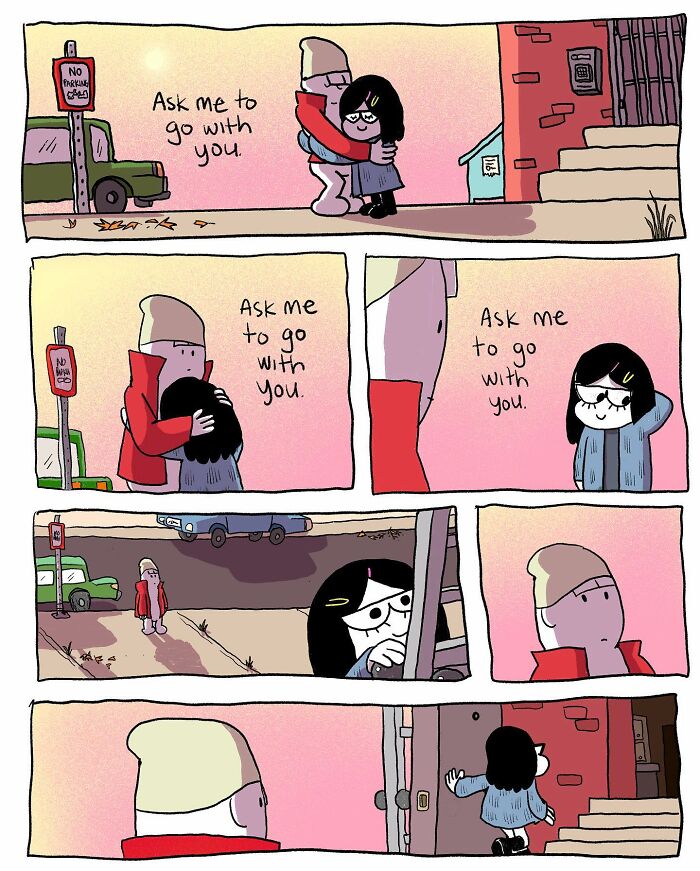 Comic panels showing a woman repeatedly asking a man to go with her, illustrating absurd everyday thoughts in a comic style.