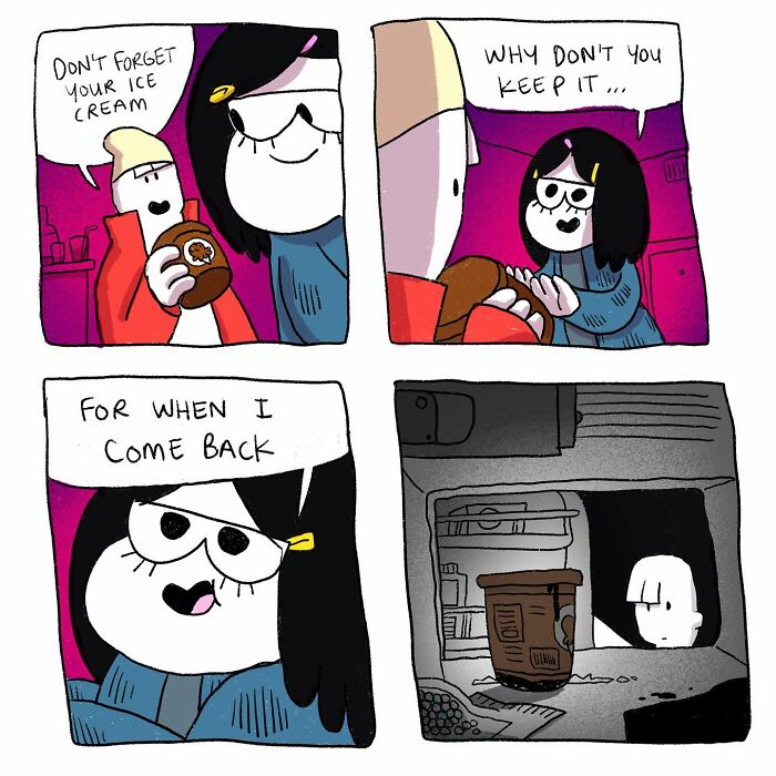 Comic panels by Josh Engel showing an absurd situation with everyday thoughts about ice cream and storage.