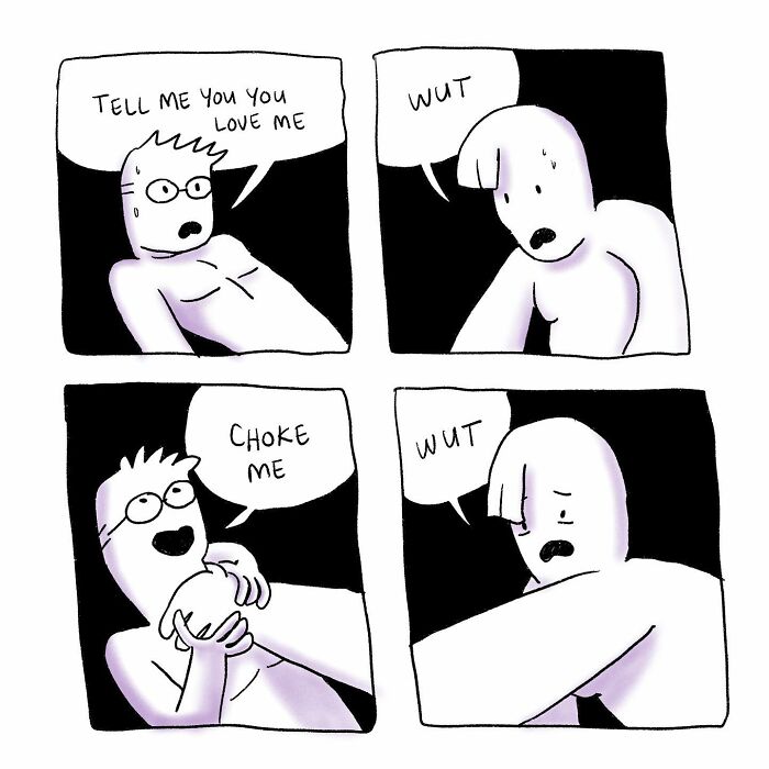 Absurd comic strip by Josh Engel showing humorous dialogue turning everyday thoughts into awkward situations.