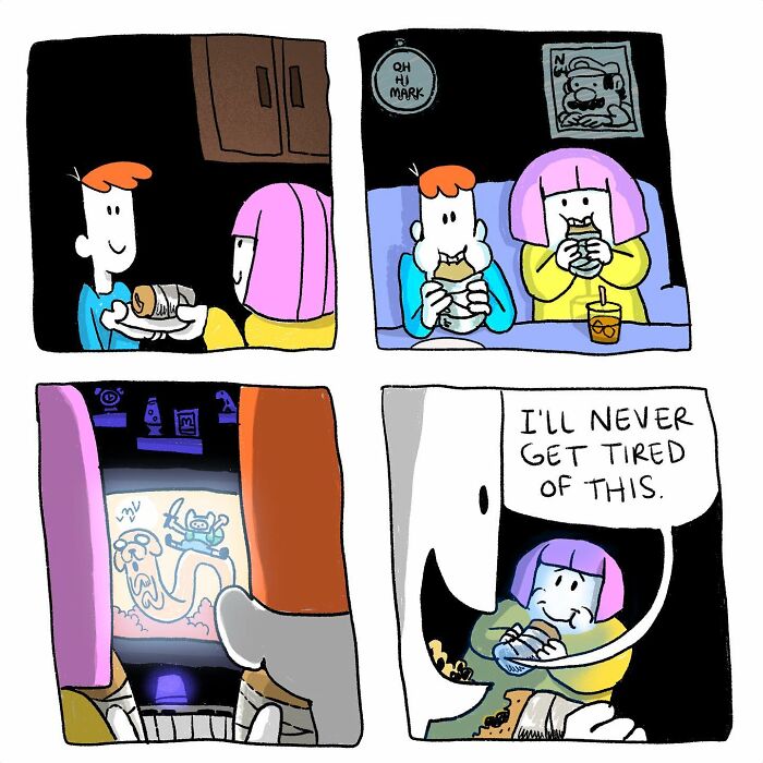 Comic panels by Josh Engel depicting everyday thoughts turned into absurd situations with characters eating and playing games.