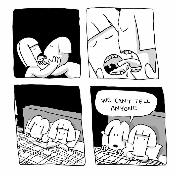 Black and white comic panels showing two characters sharing a secret in bed, highlighting absurd everyday thoughts comics.