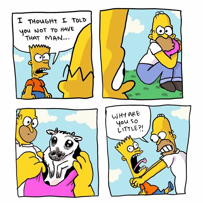 Comic panels showing a humorous absurd situation with familiar cartoon characters, capturing everyday thoughts in an unusual way.