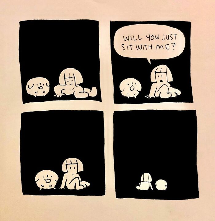 Four-panel comic showing a girl and a dog sitting together, illustrating absurd everyday thoughts in comics style.