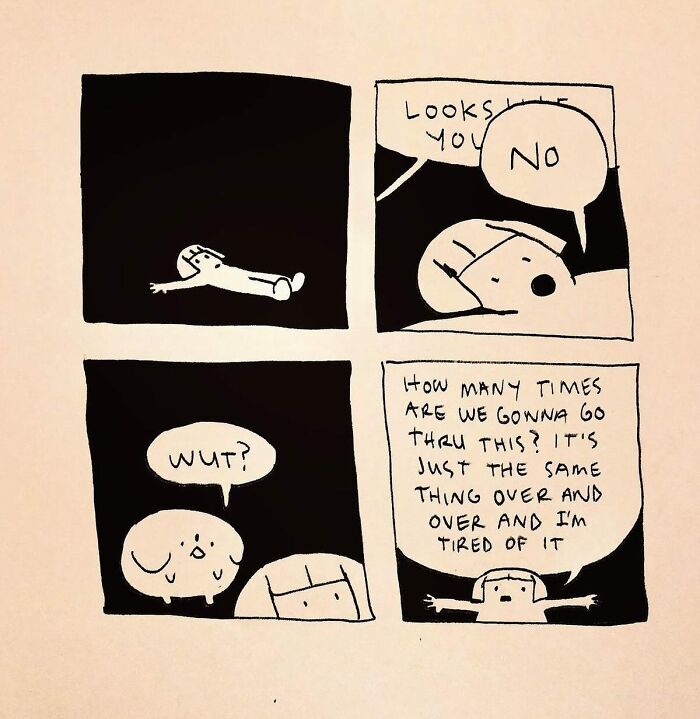 Black and white comic panels depicting absurd everyday thoughts with simple characters in a minimalist style.