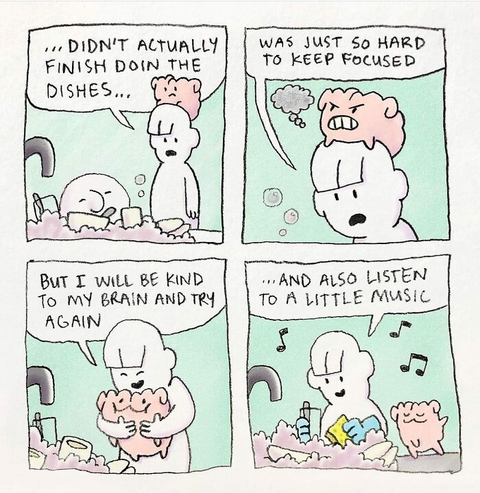 Absurd comics by Josh Engel showing a character struggling with focus while doing the dishes and listening to music.