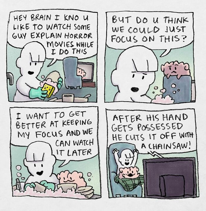 Comic strip illustrating absurd situations about focus and distraction with brain and person characters, from comics by Josh Engel.