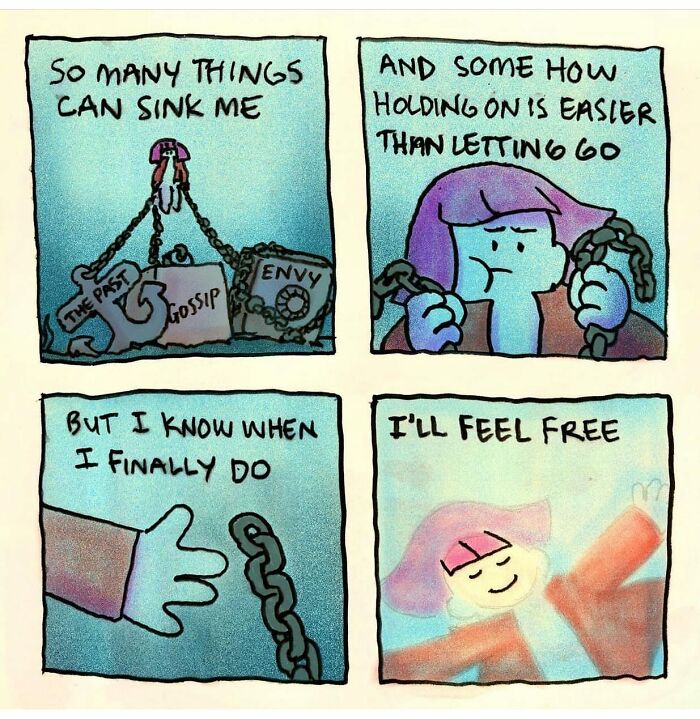 Comic strip illustrating everyday thoughts and absurd situations showing chains labeled envy, gossip, and the past.