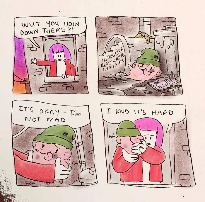 Comic panel showing characters representing intrusive recurring thoughts and emotional support, illustrating absurd everyday thoughts.