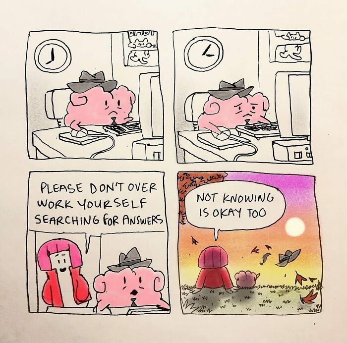 Comic strip by Josh Engel showing a character stressed at work, then finding peace, illustrating everyday thoughts in absurd situations.