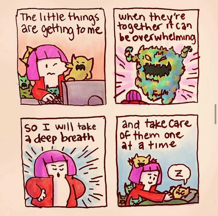 Comic strip by Josh Engel showing everyday thoughts turning into absurd situations with a character managing overwhelming feelings.