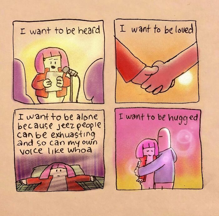 Comic panels by Josh Engel showing a character expressing desires to be heard, loved, alone, and hugged in absurd situations.