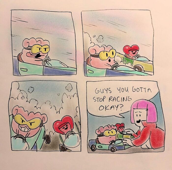 Comic panels showing characters in a go-kart race turning everyday thoughts into absurd situations by Josh Engel.