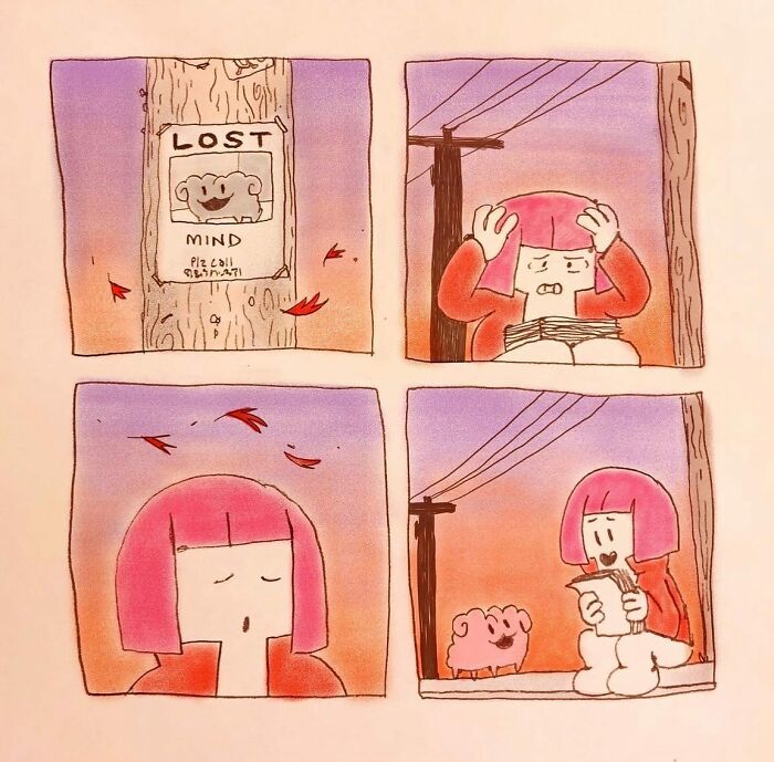 Comic panels showing a character finding a lost mind, illustrating absurd everyday thoughts in a comic style by Josh Engel.