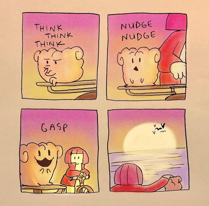Comic panels show a character thinking, being nudged, gasping, and watching a sunset in absurd comic situations.