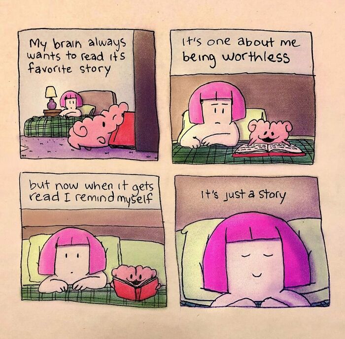 Comic panels by Josh Engel showing a character and a brain reading a story about feeling worthless and self-reminder.