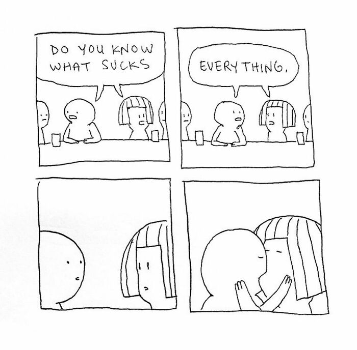 Minimalist comic by Josh Engel showing two characters discussing what s***s, ending with an unexpected hug in an absurd situation.