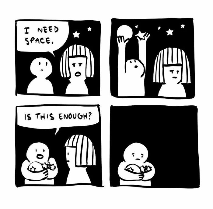 Comic strip illustrating a character humorously seeking space, representing absurd everyday thoughts in comics by Josh Engel.