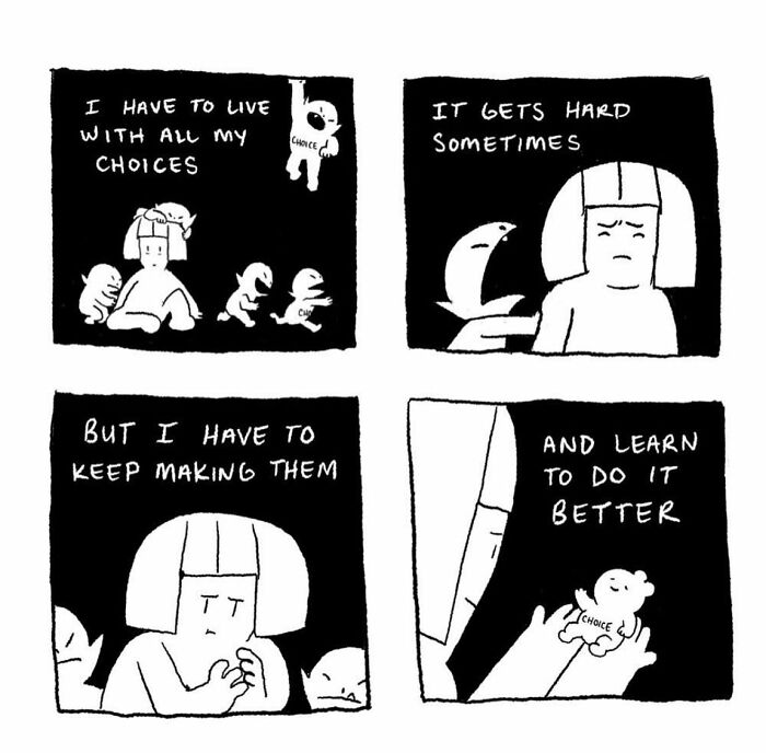 Black and white comic by Josh Engel illustrating everyday thoughts turning into absurd situations about making choices.