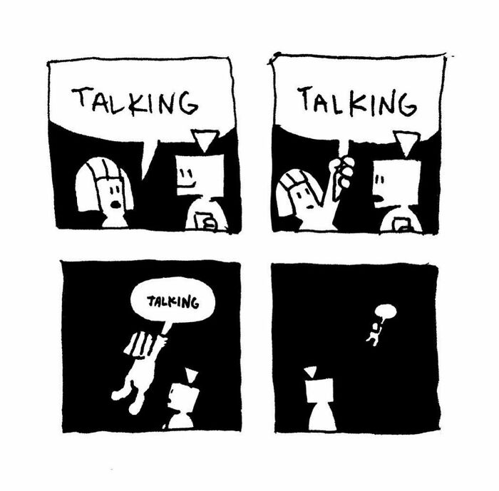 Black and white comic panels depicting absurd conversations, illustrating everyday thoughts in comics by Josh Engel.