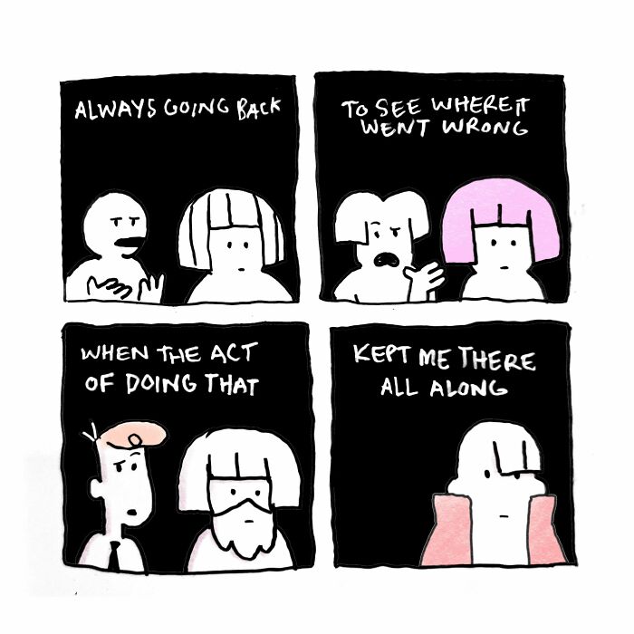 Comic panels depicting characters reflecting on revisiting past mistakes, illustrating absurd everyday thoughts in Josh Engel’s style.