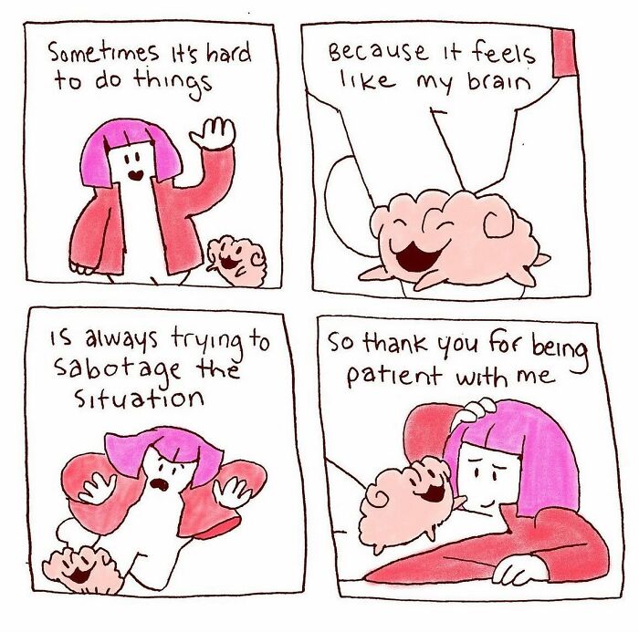Comic panels showing a character and a brain in absurd everyday situations illustrating thoughts and feelings humorously.