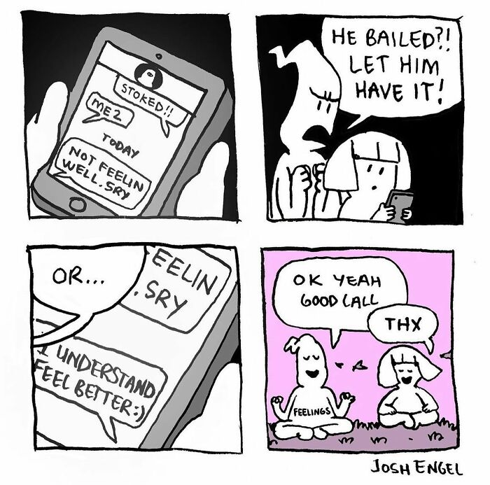 Comic panels illustrating everyday thoughts turning into absurd situations with characters chatting and reacting humorously.