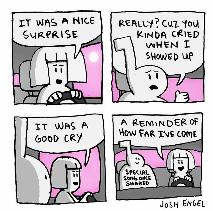 Comic strip by Josh Engel showing characters having an emotional conversation, illustrating absurd everyday thoughts.