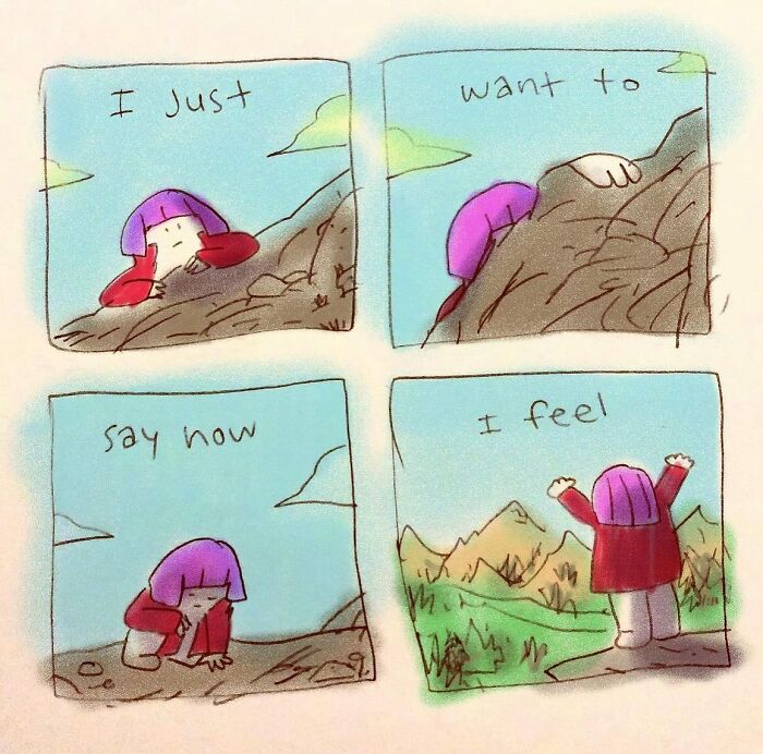 Comic panels showing a character climbing a mountain, expressing emotions in an absurd everyday situation comic by Josh Engel.