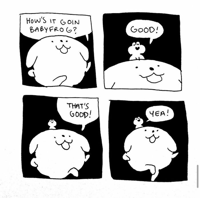 Comic strip showing a round character and baby frog in an absurd conversation, illustrating everyday thoughts humorously.