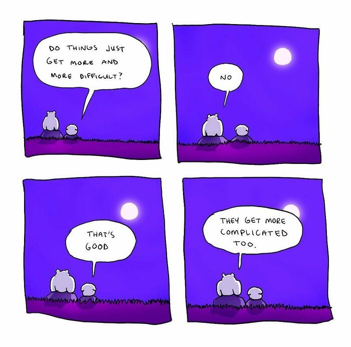 Comic panels with two animals under the moon discussing how everyday thoughts get more complicated in absurd situations.