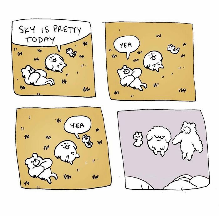 Comic panels showing cute characters lying on grass, exchanging simple dialogue, turning everyday thoughts into absurd situations.