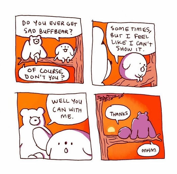 Comic with cartoon animals sharing feelings and support, part of comics turning everyday thoughts into absurd situations.