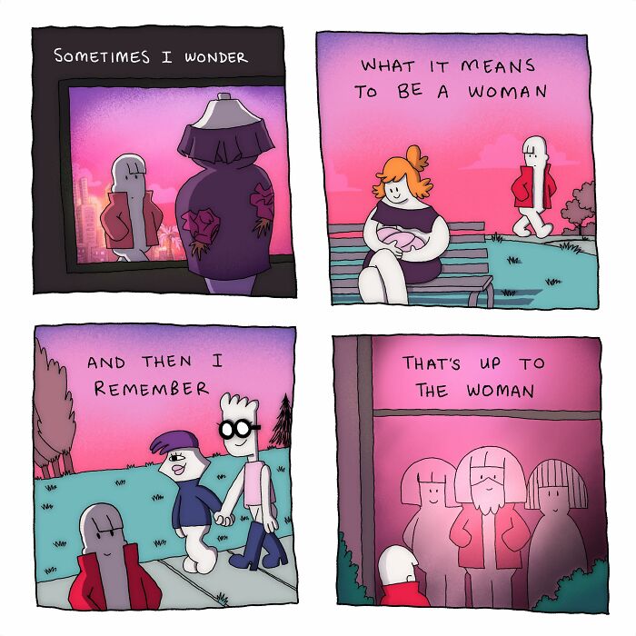 Comic panels by Josh Engel humorously depicting everyday thoughts as absurd situations with whimsical characters in colorful settings.