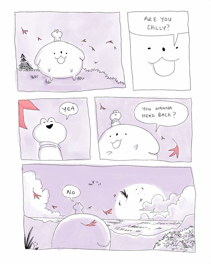 Comic strip featuring whimsical characters in an absurd situation, illustrating everyday thoughts in a humorous way.