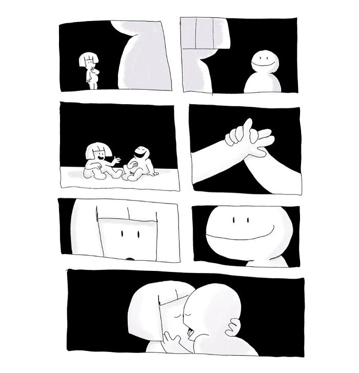 Black and white comic panels by Josh Engel showing playful characters in absurd everyday situations with expressive interactions.